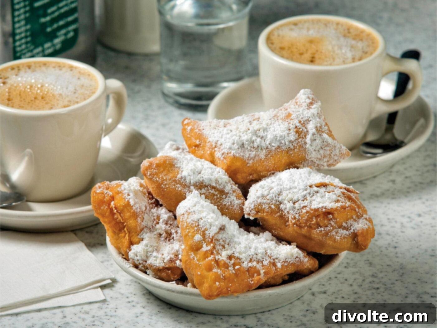 Freshly fried drop beignets ready for powdered sugar