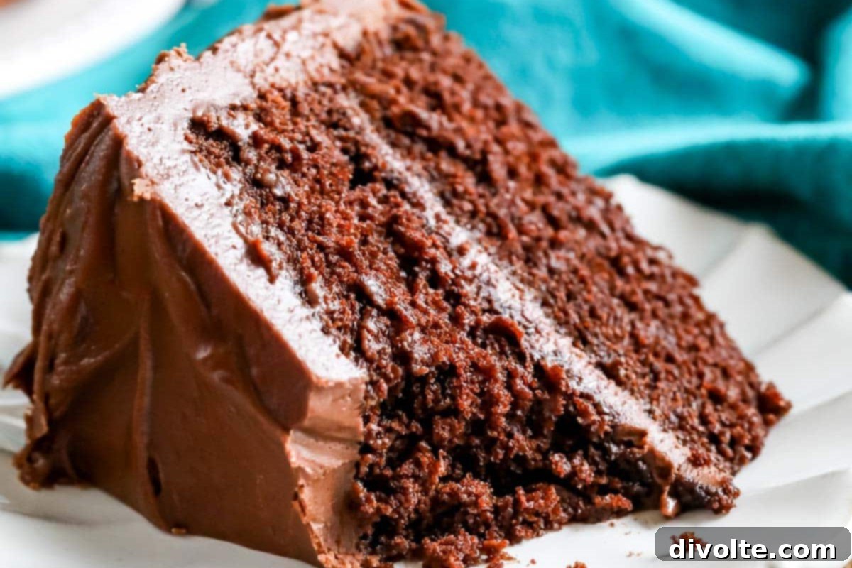 Decadent chocolate cake with a rich, dark frosting.