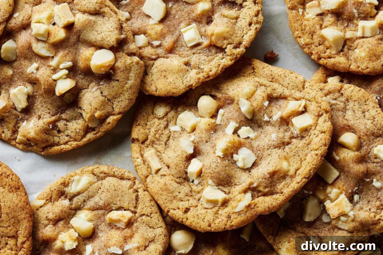 Freshly baked White Chocolate Macadamia Nut Cookies, golden brown and perfectly chunky.