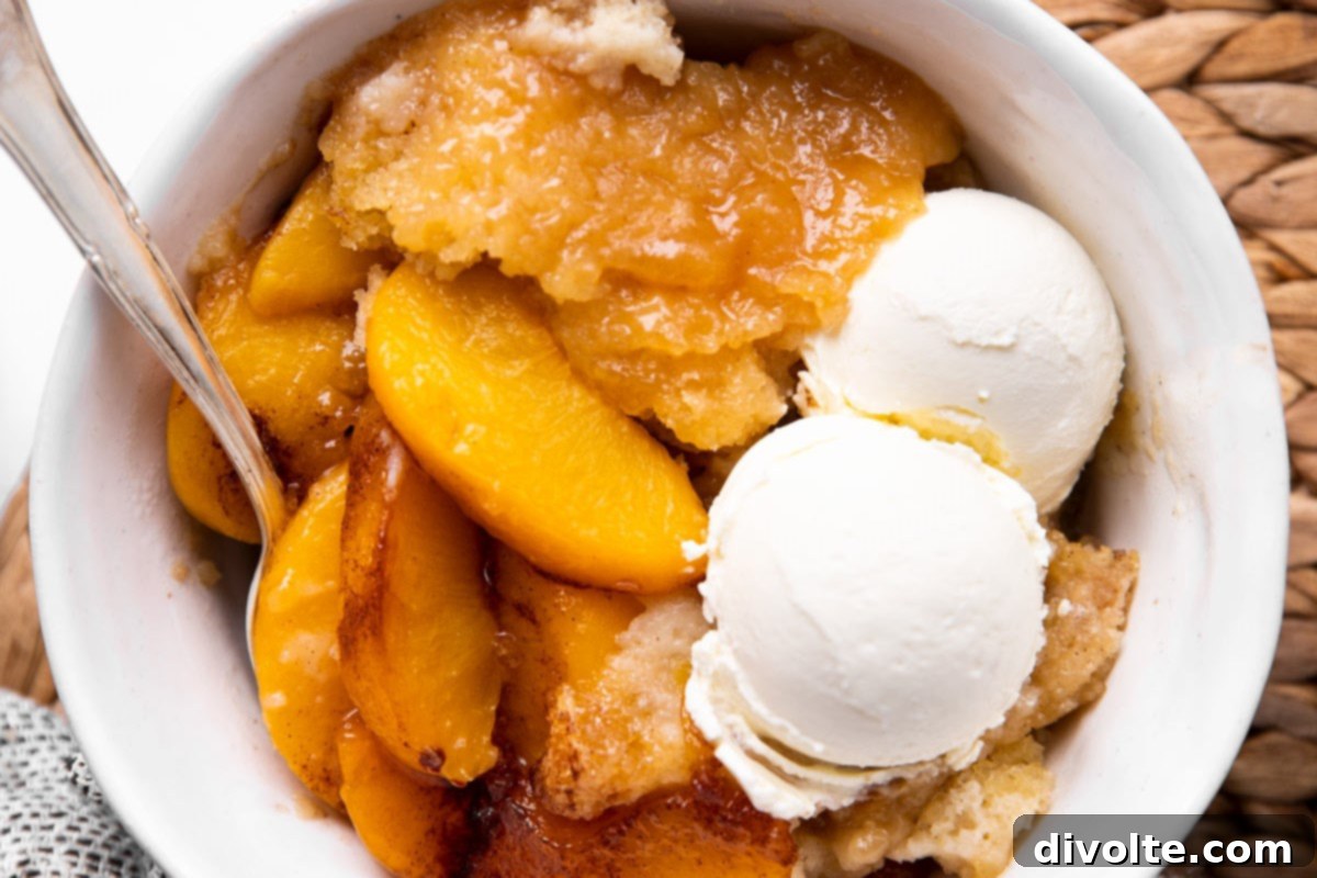Delicious Bisquick Peach Cobbler, baked to a golden brown