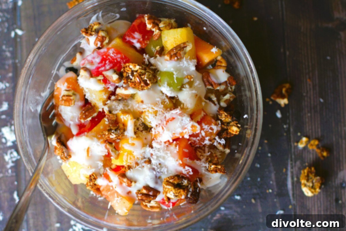 Bionicos Mexican Fruit Bowls Recipe - A colorful mix of fresh fruits, Greek yogurt, granola, and shredded coconut