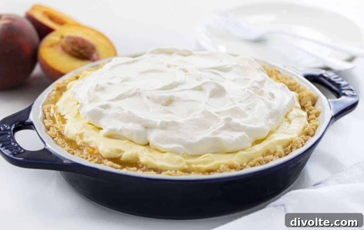 Luscious Peach Cream Pie 2 peaches-and-cream-pie-recipe - A slice of freshly baked peaches and cream pie, showcasing its golden crust and creamy peach filling.