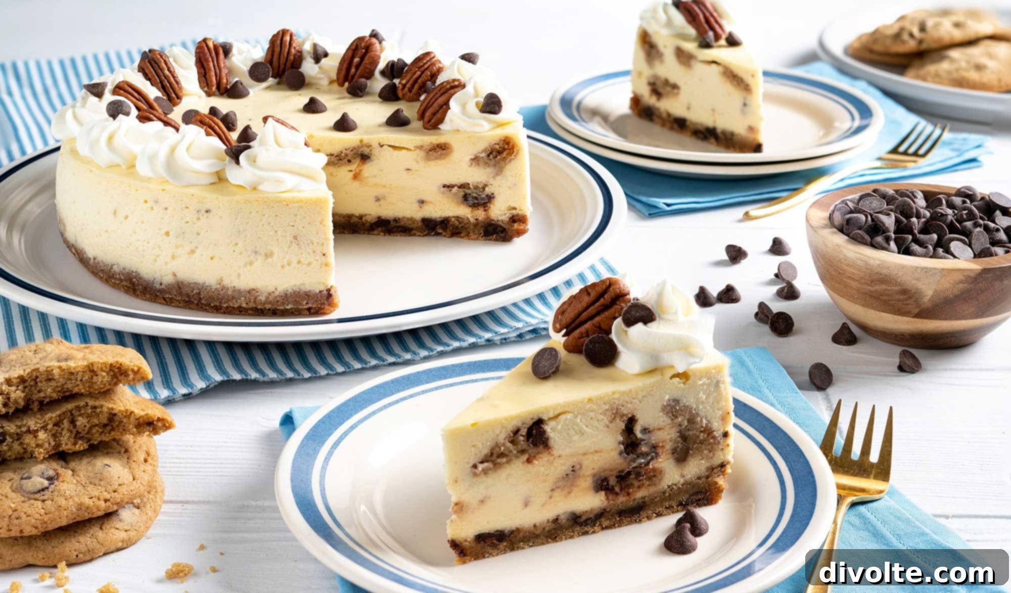 Decadent Chocolate Chip Cookie Dough Cheesecake sliced, showing creamy layers and cookie dough swirls