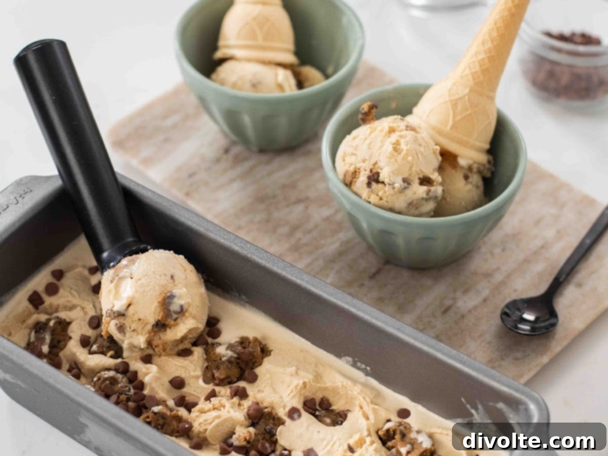 Delicious homemade cookie dough ice cream, freshly made and ready to serve