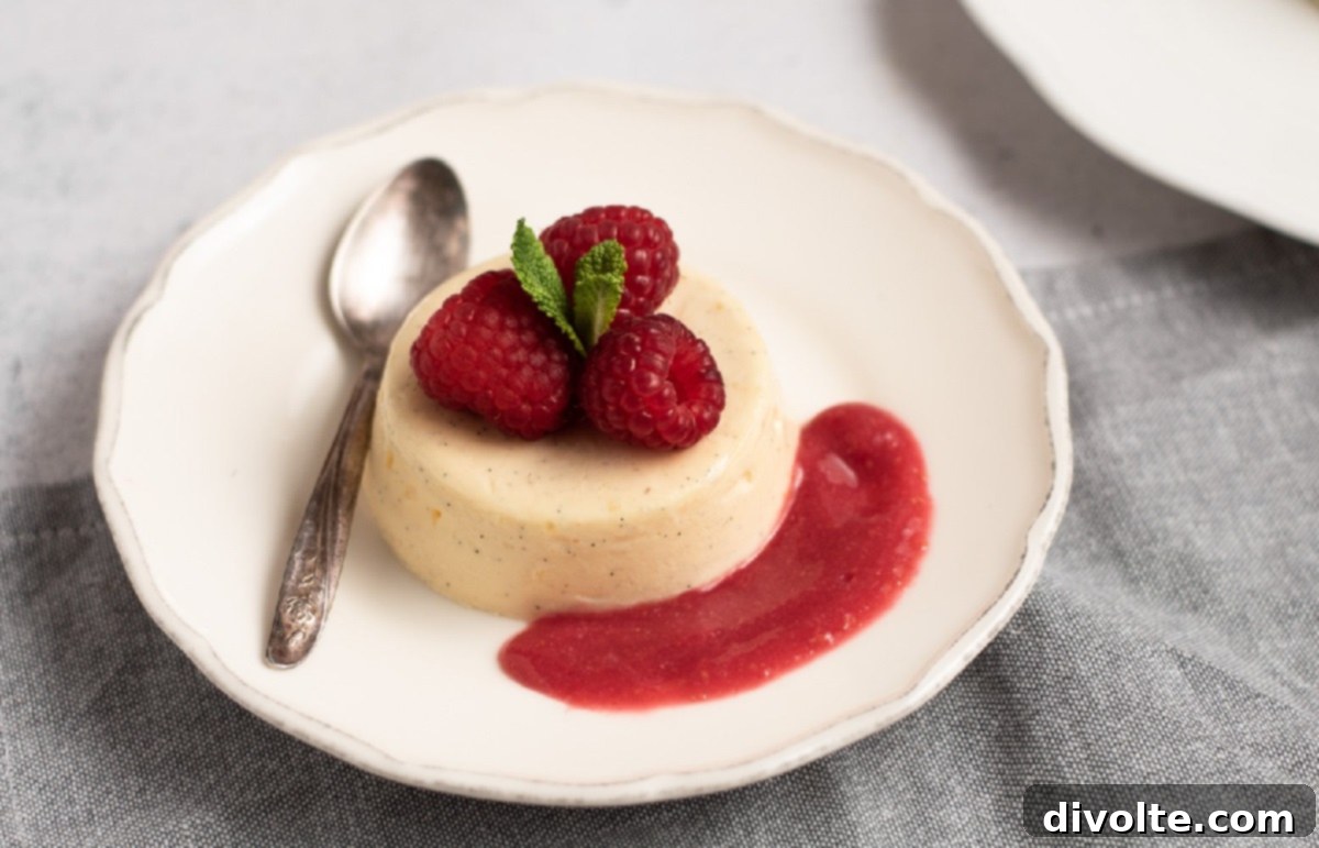 vanilla-bean-panna-cotta-recipe - a close-up of a creamy white panna cotta in a clear glass, garnished with fresh berries.