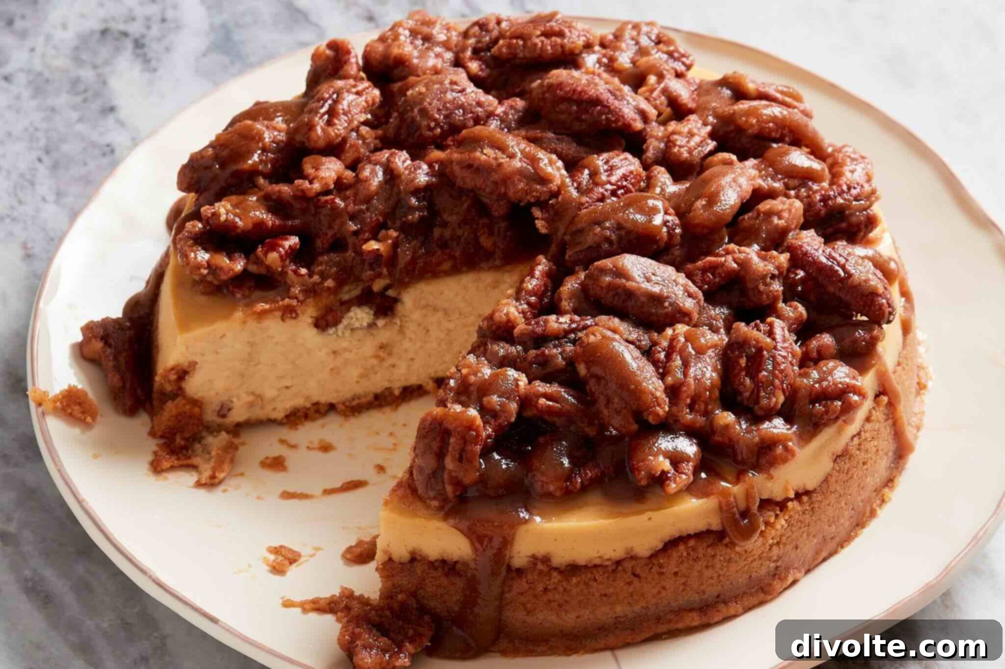 Decadent Pecan Pie Cheesecake 2 Decadent Pecan Pie Cheesecake, perfect for holiday desserts or special occasions, featuring a creamy filling and a rich, nutty topping.