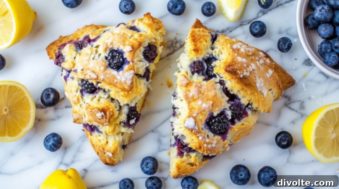 Freshly baked Lemon Blueberry Scones on a cooling rack, glistening with coarse sugar.