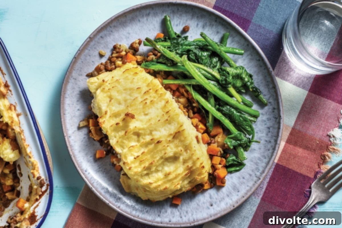 Delicious and hearty vegetarian lentil shepherd's pie recipe with creamy mashed potato topping