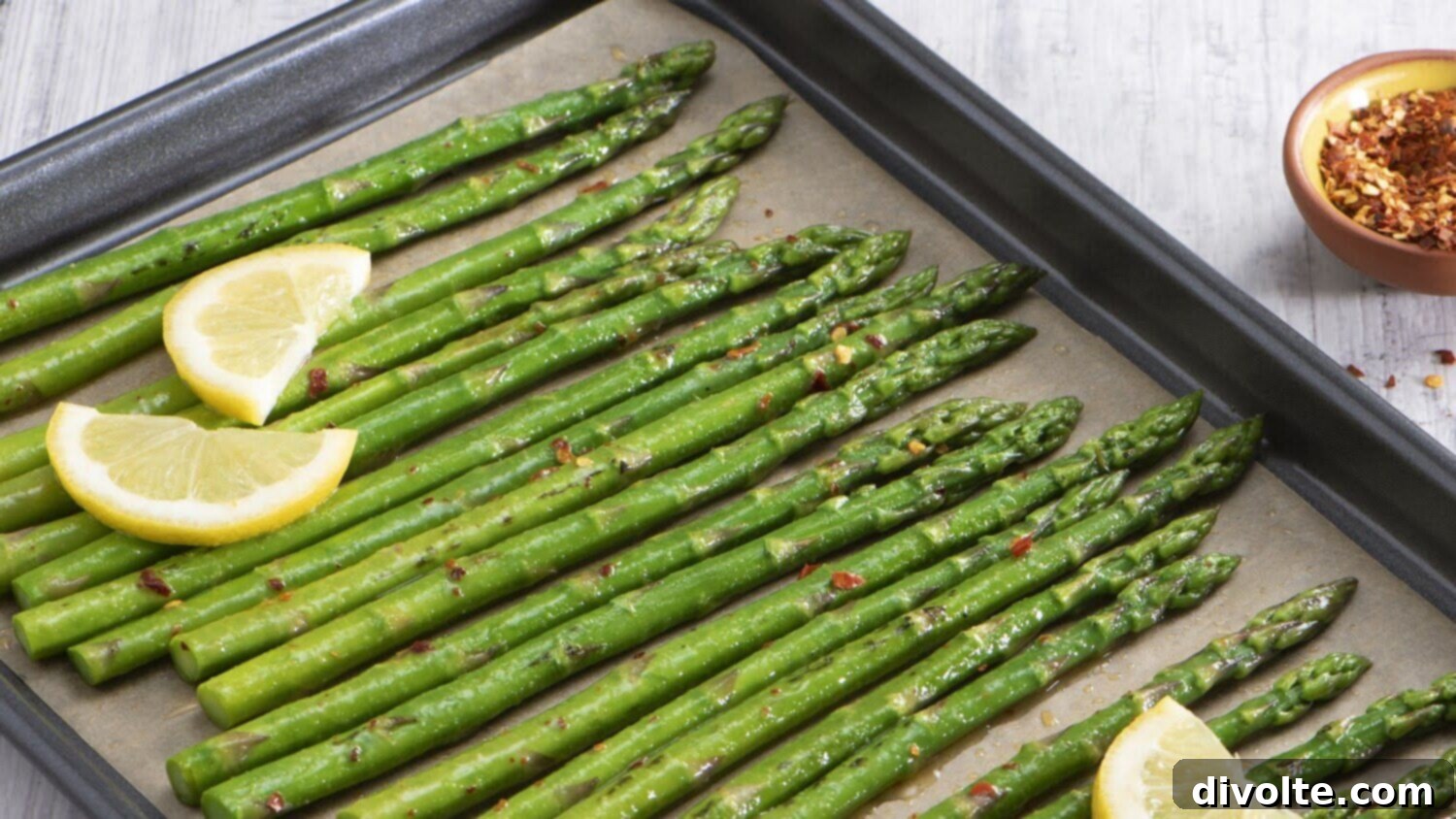 Lemon Garlic Asparagus Recipe, roasted on a baking sheet