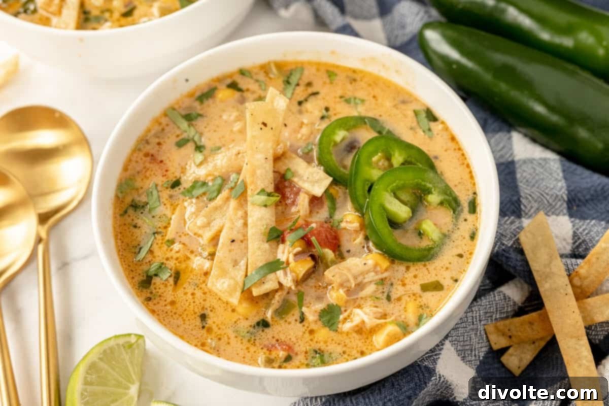 Delicious Chicken Tortilla Soup garnished with avocado, cilantro, and crispy tortilla strips