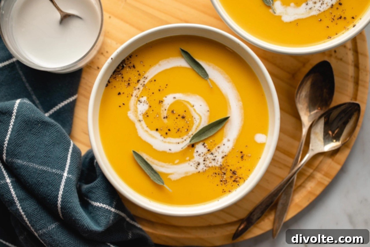 Comforting Squash and Apple Soup 2 Delicious and creamy butternut squash apple soup garnished with fresh herbs and a swirl of cream, perfect for a cozy fall meal.