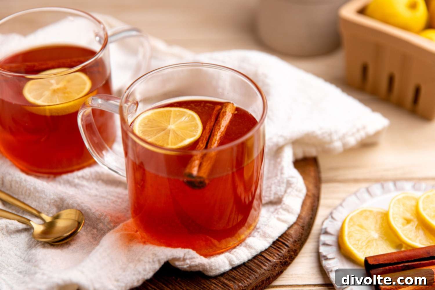 Classic Hot Toddy Recipe 2 A comforting hot toddy garnished with a lemon slice and cinnamon stick, perfect for a cold evening, sitting on a wooden table.