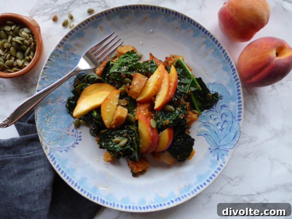sweet-and-savory-kale-recipe - A close-up shot of cooked kale glistening with honey soy glaze and red pepper flakes.